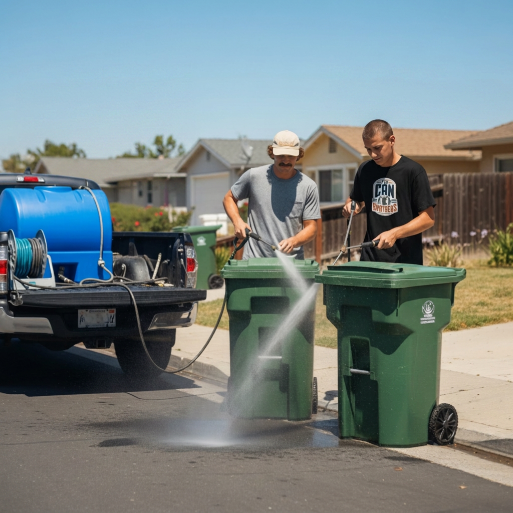 The Can Brothers cleaning green garbage cans next to their truck